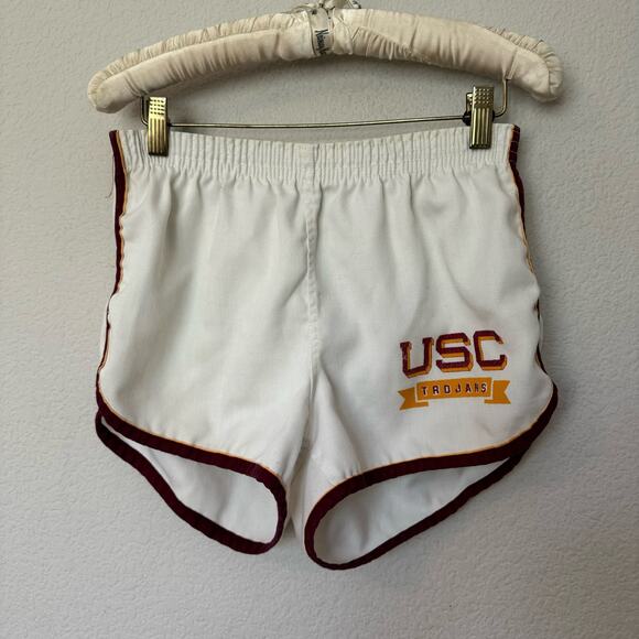 Vintage 70s-80s USC Trojans dolphin hem shorts J.J. MacIntyre white gold red SzM - Picture 1 of 8